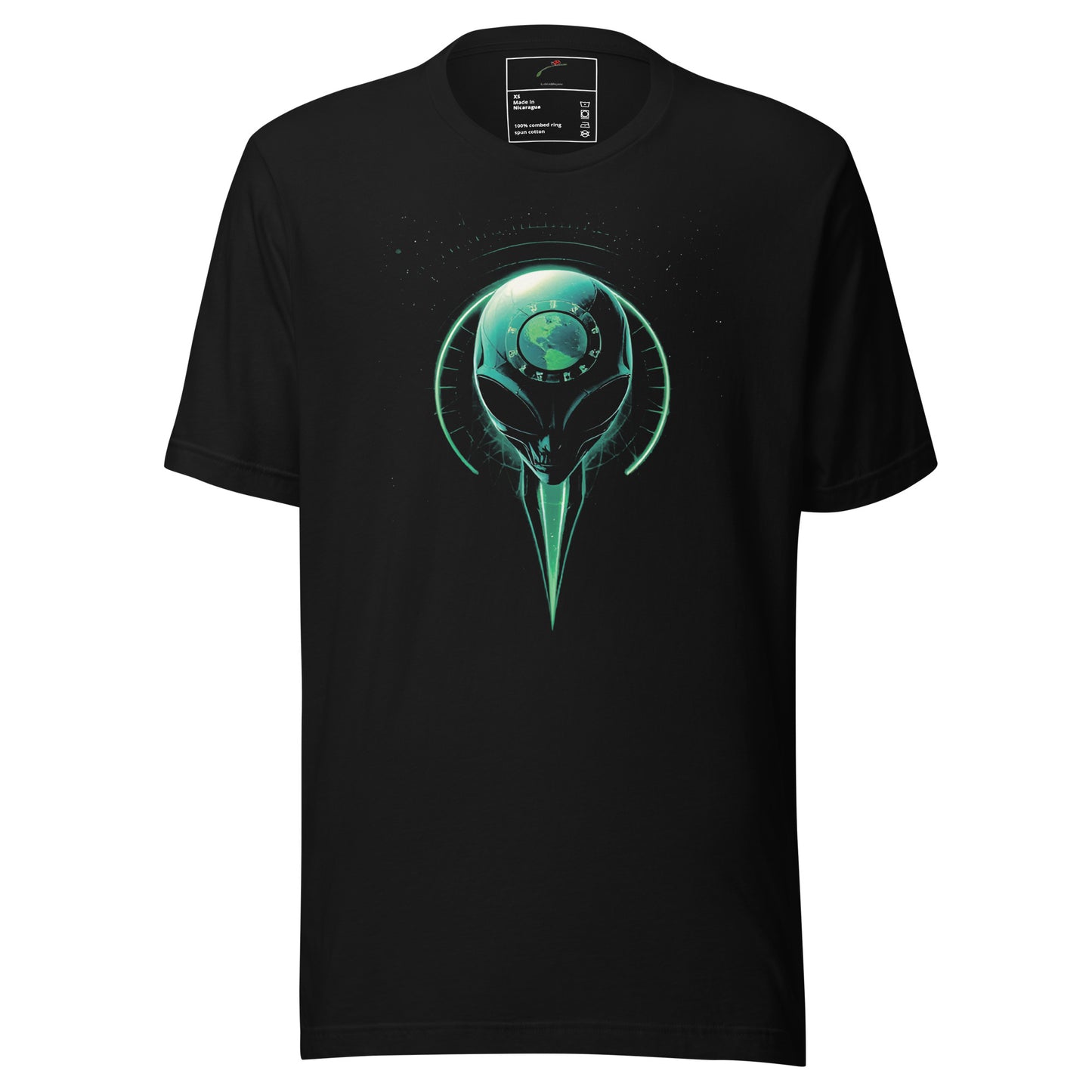 LuckeLadybug black short sleeve tee featuring neon green alien head and planet motif alien outer space graphic t-shirt