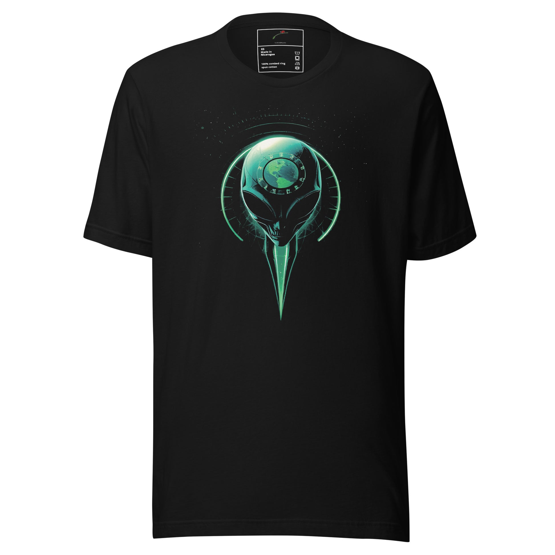 LuckeLadybug black short sleeve tee featuring neon green alien head and planet motif alien outer space graphic t-shirt