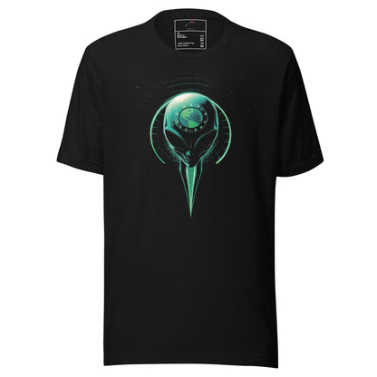LuckeLadybug black short sleeve tee featuring neon green alien head and planet motif alien outer space graphic t-shirt