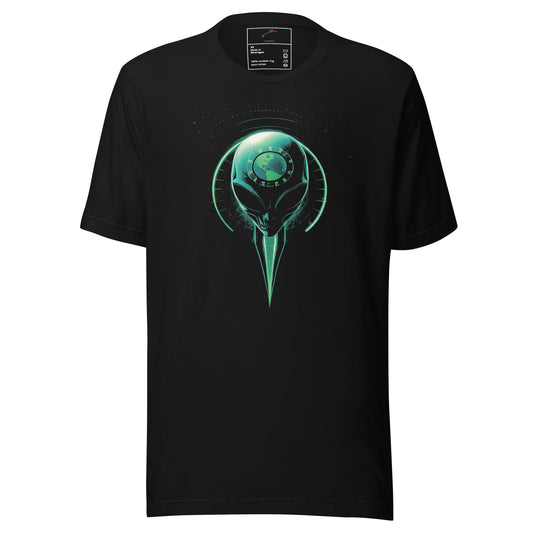 LuckeLadybug black short sleeve tee featuring neon green alien head and planet motif alien outer space graphic t-shirt