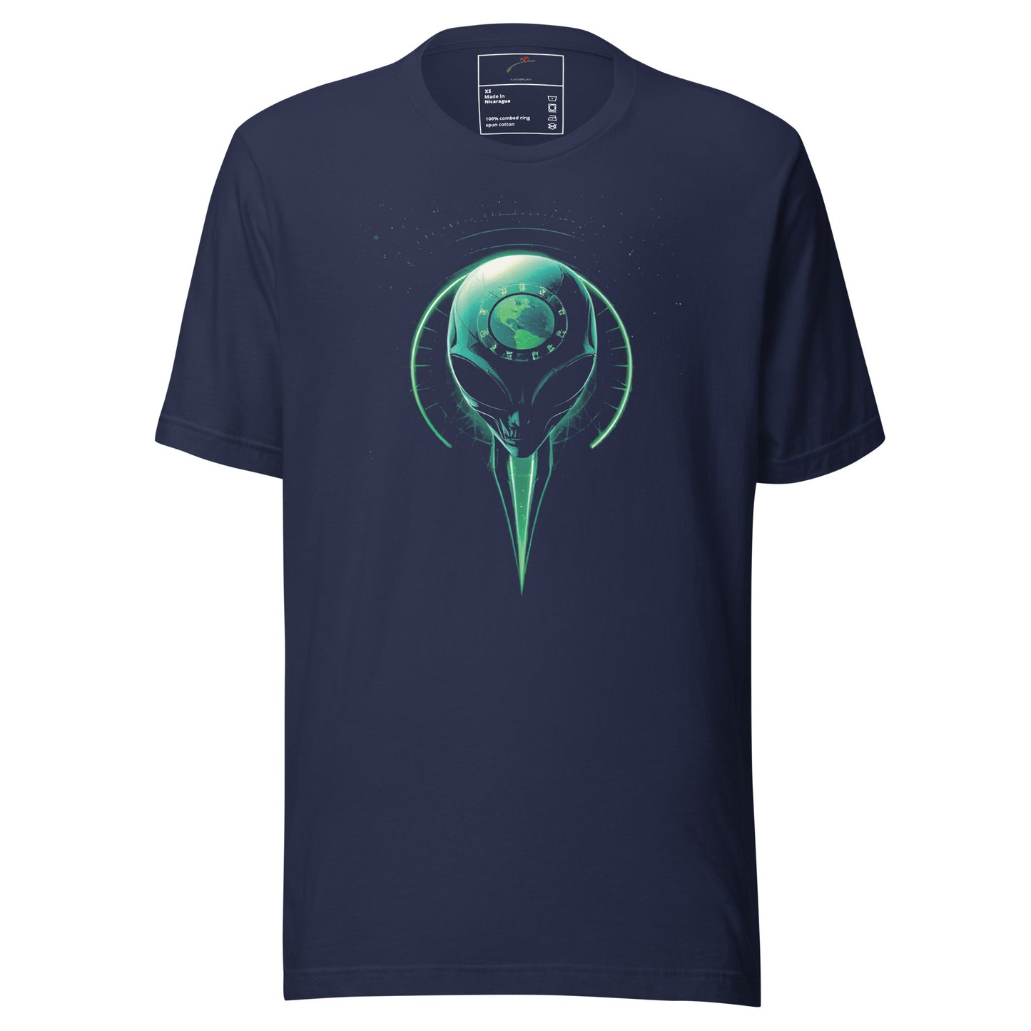 LuckeLadybug navy tee with neon green alien head and planet crest print alien outer space graphic t-shirt