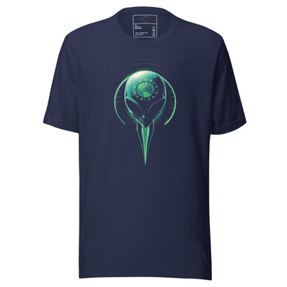 LuckeLadybug navy tee with neon green alien head and planet crest print alien outer space graphic t-shirt