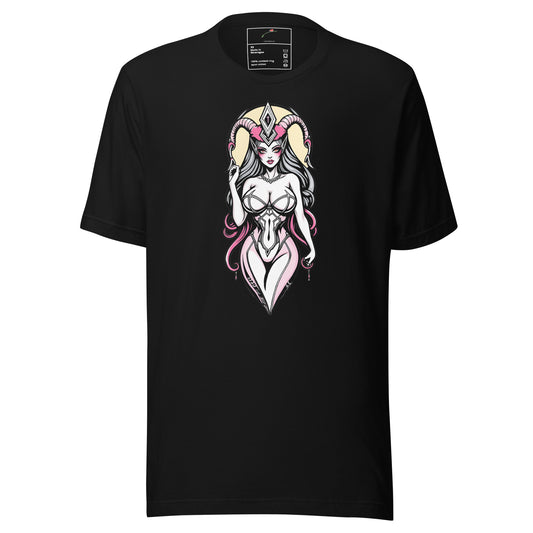 Black LuckeLadybug alien queen graphic tee featuring a detailed female alien with horns and pink accents