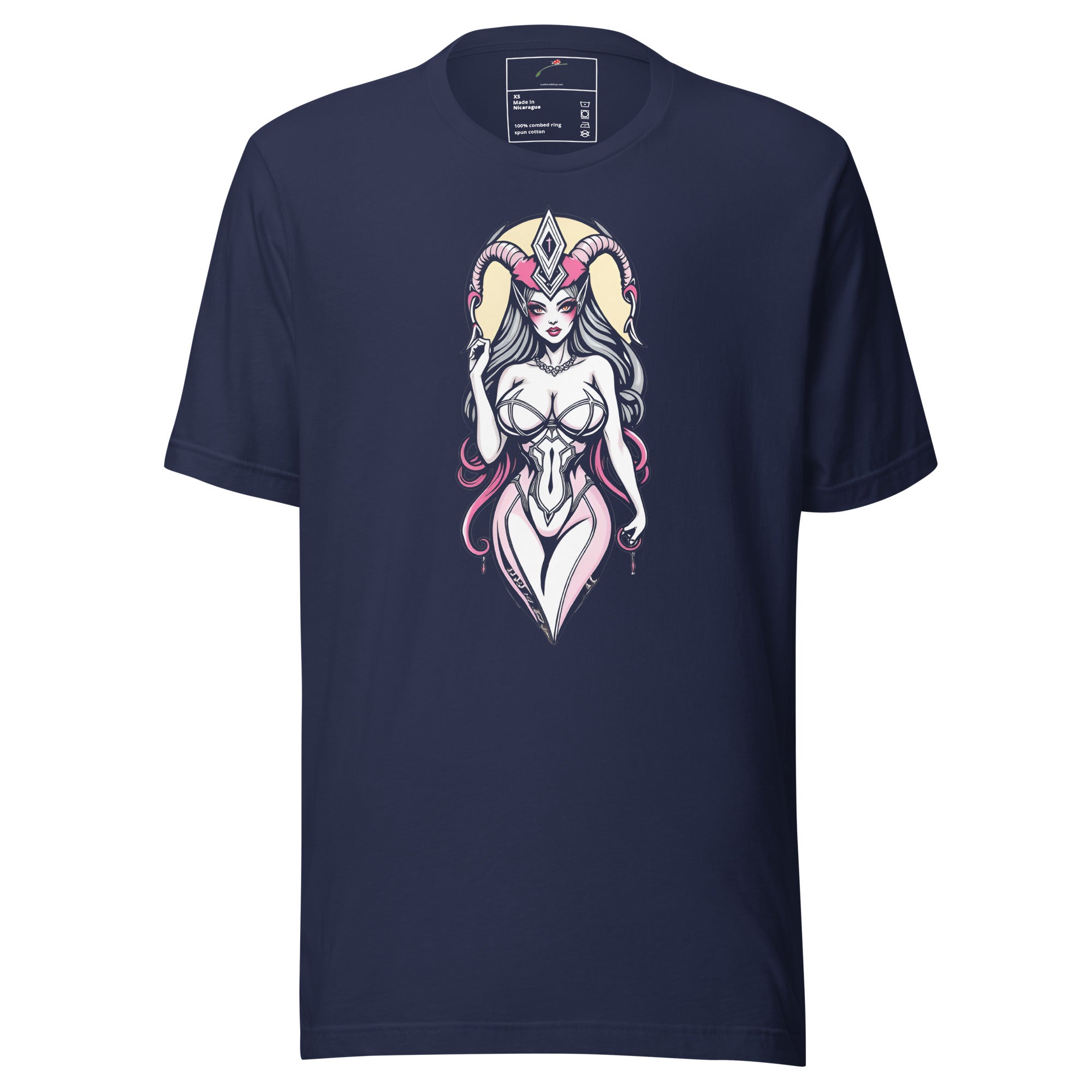 Navy blue alien queen graphic tee featuring a stylized female alien with horns and pink accents