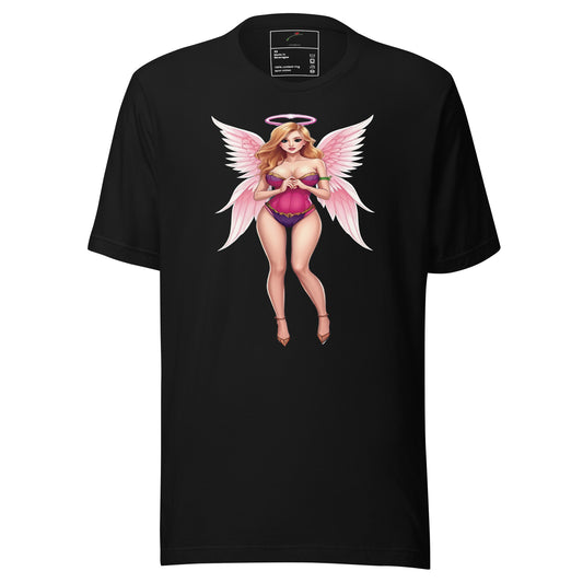 LuckeLadybug black T shirt featuring a pink winged angel in lingerie style print alluring angel graphic tee