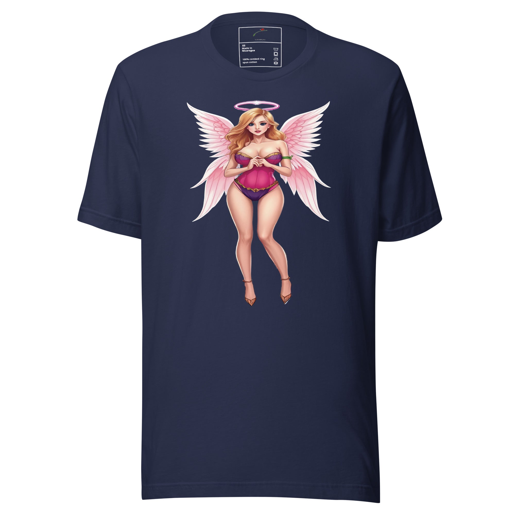 LuckeLadybug navy tee featuring a pink winged pinup angel illustration alluring angel graphic tee