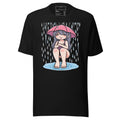 LuckeLadybug black graphic tee with cute anime girl sitting under pink umbrella in rain puddle anime girl t-shirt for men