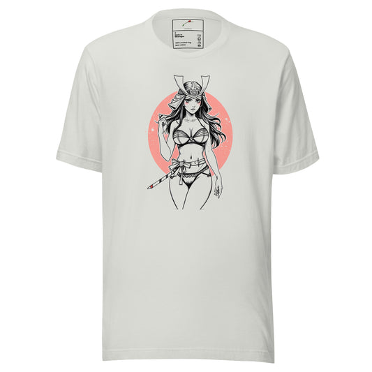 White T-shirt with anime style samurai shirt design featuring a female samurai in black and pink