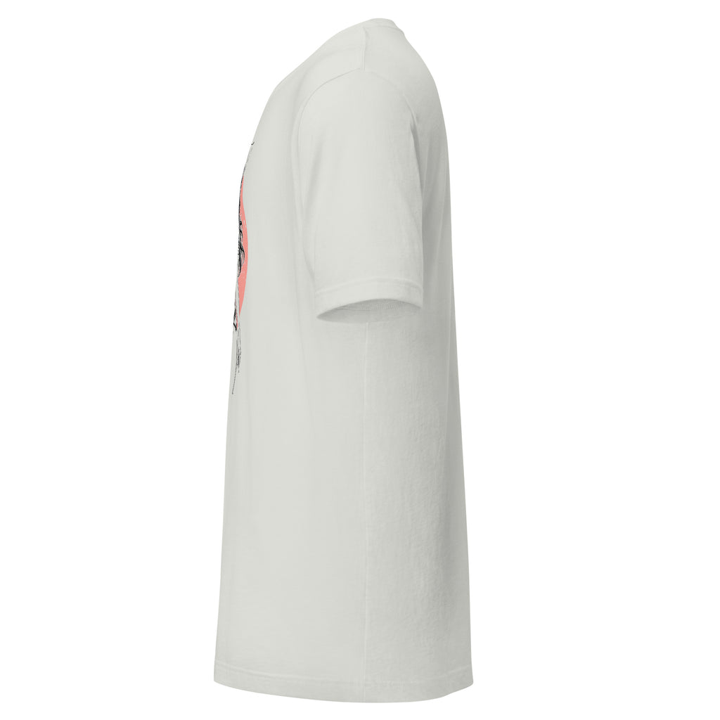 Side view of LuckeLadybug white anime style samurai shirt with short sleeves