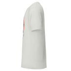 Side view of LuckeLadybug white anime style samurai shirt with short sleeves