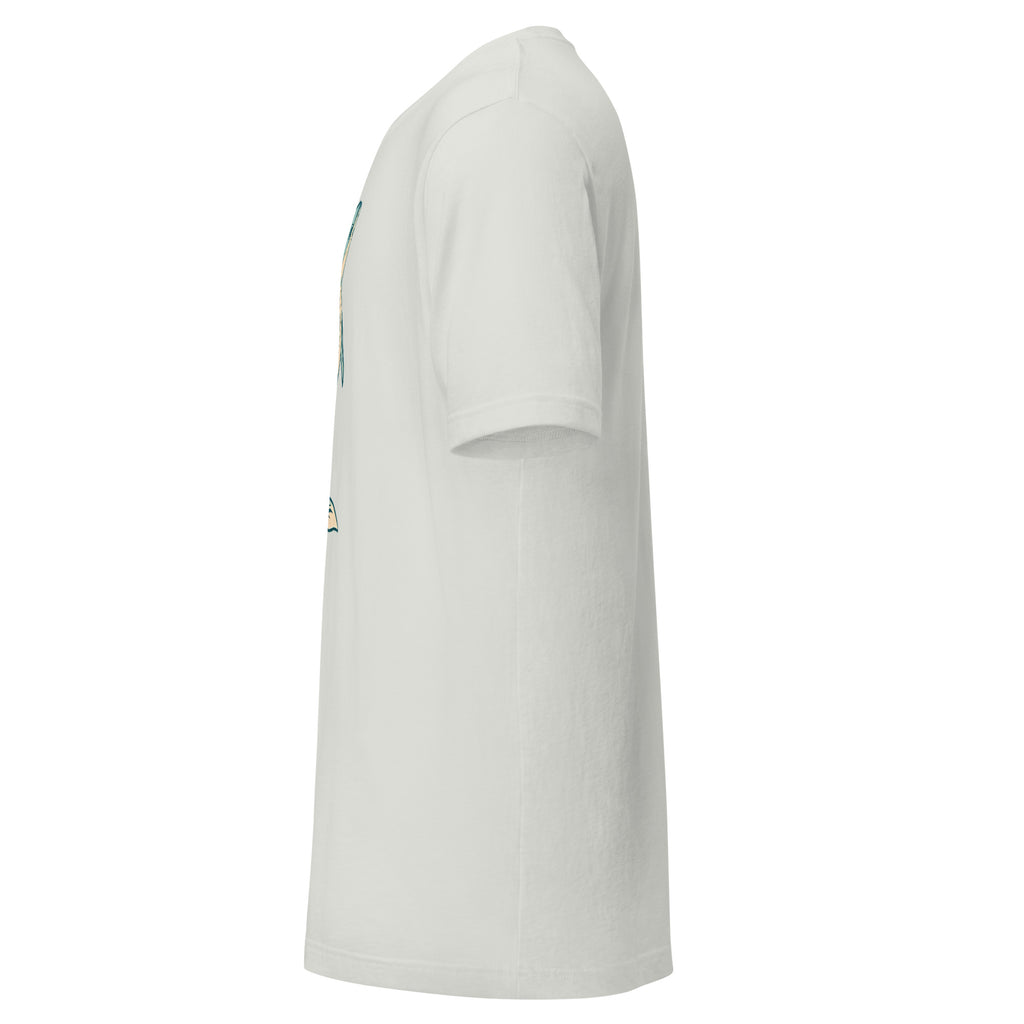 LuckeLadybug white aquatic themed shirt for men with short sleeves shown from the side