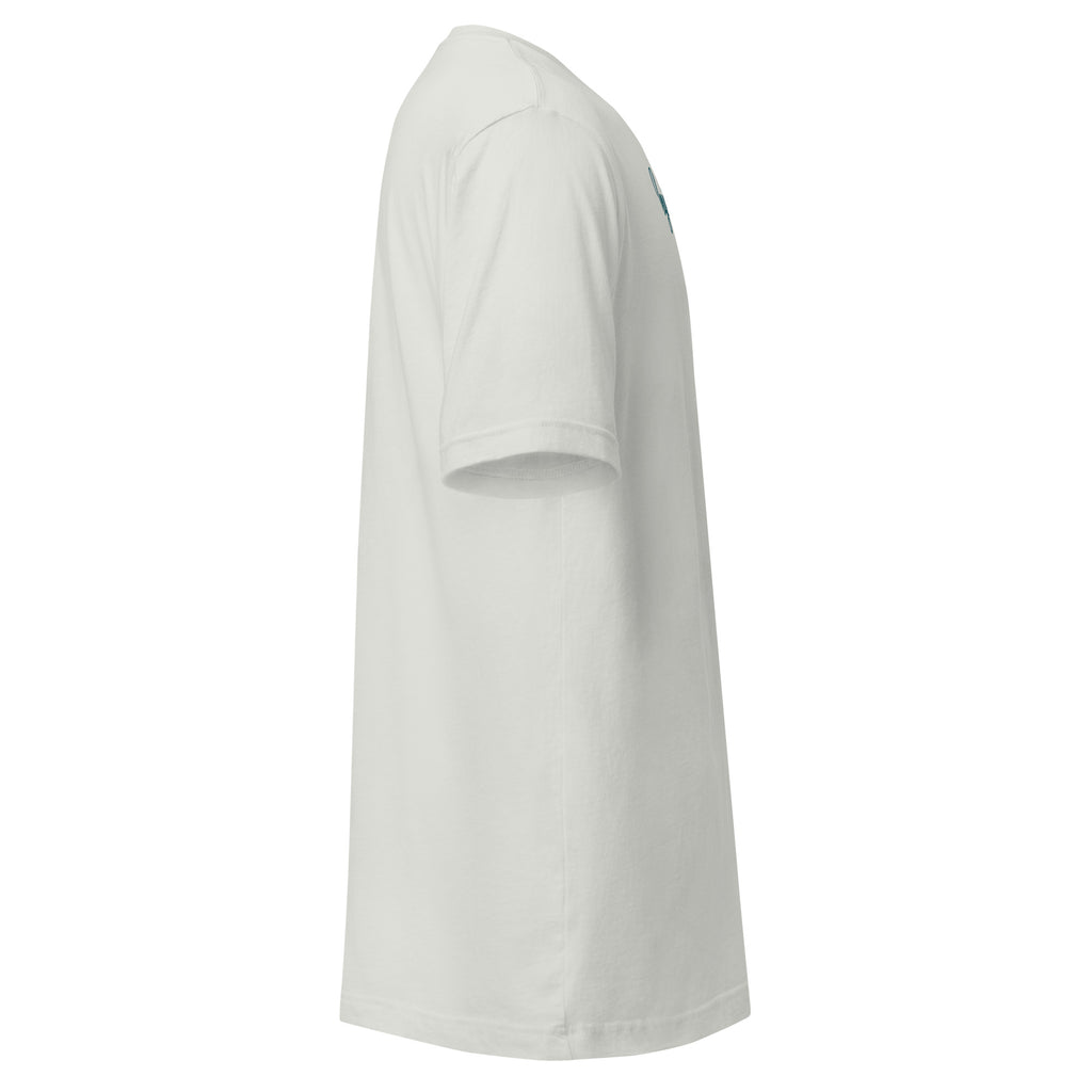 Side view of a white LuckeLadybug aquatic themed shirt for men with short sleeves