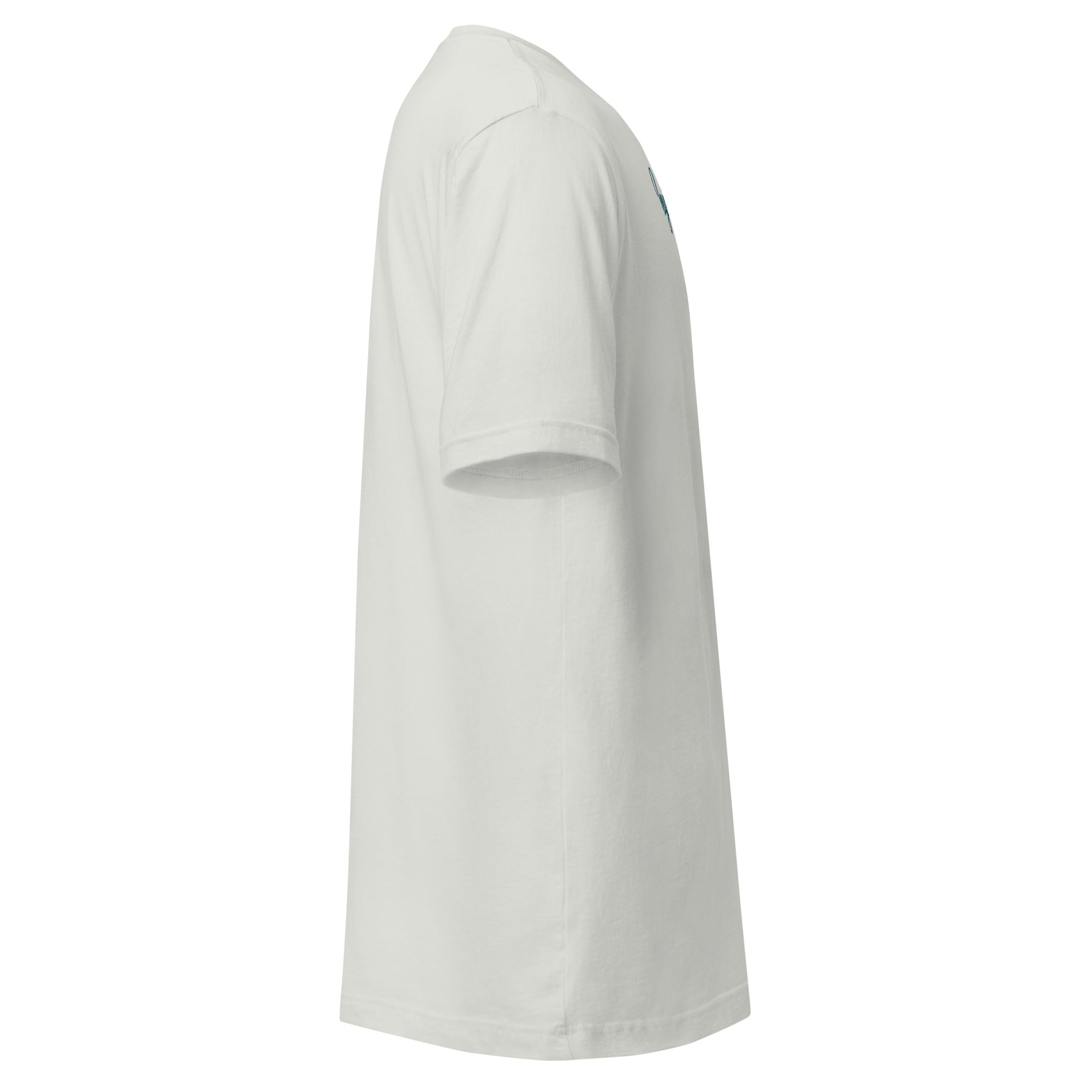 Side view of a white LuckeLadybug aquatic themed shirt for men with short sleeves