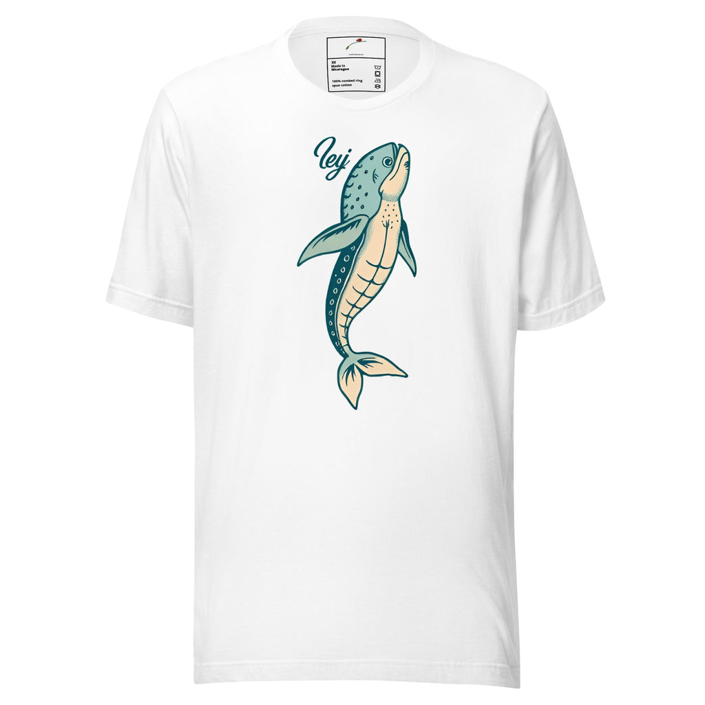 White LuckeLadybug aquatic themed shirt for men with blue whale graphic and text design