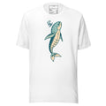 White LuckeLadybug aquatic themed shirt for men with blue whale graphic and text design