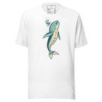 White LuckeLadybug aquatic themed shirt for men with blue whale graphic and text design