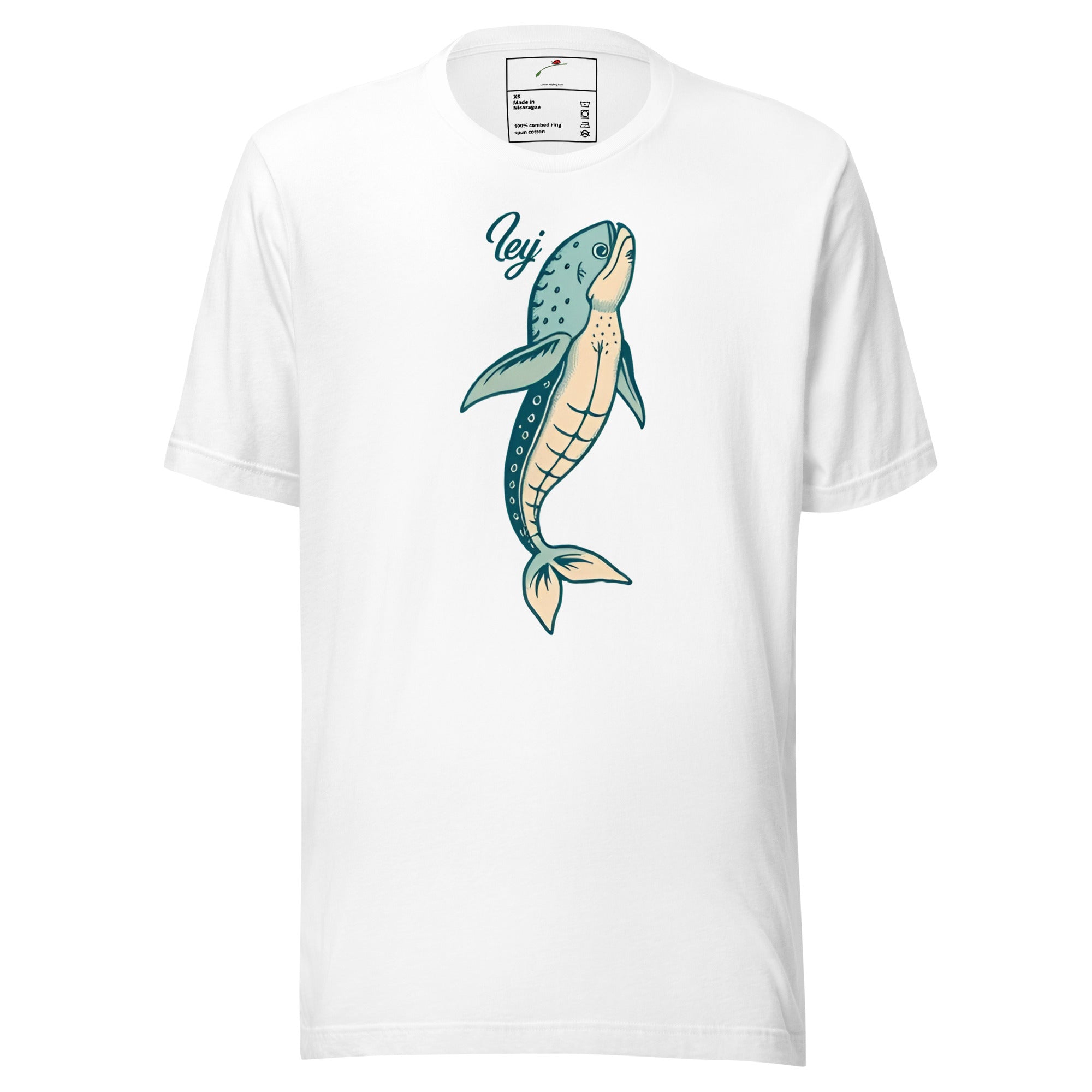 White LuckeLadybug aquatic themed shirt for men with blue whale graphic and text design