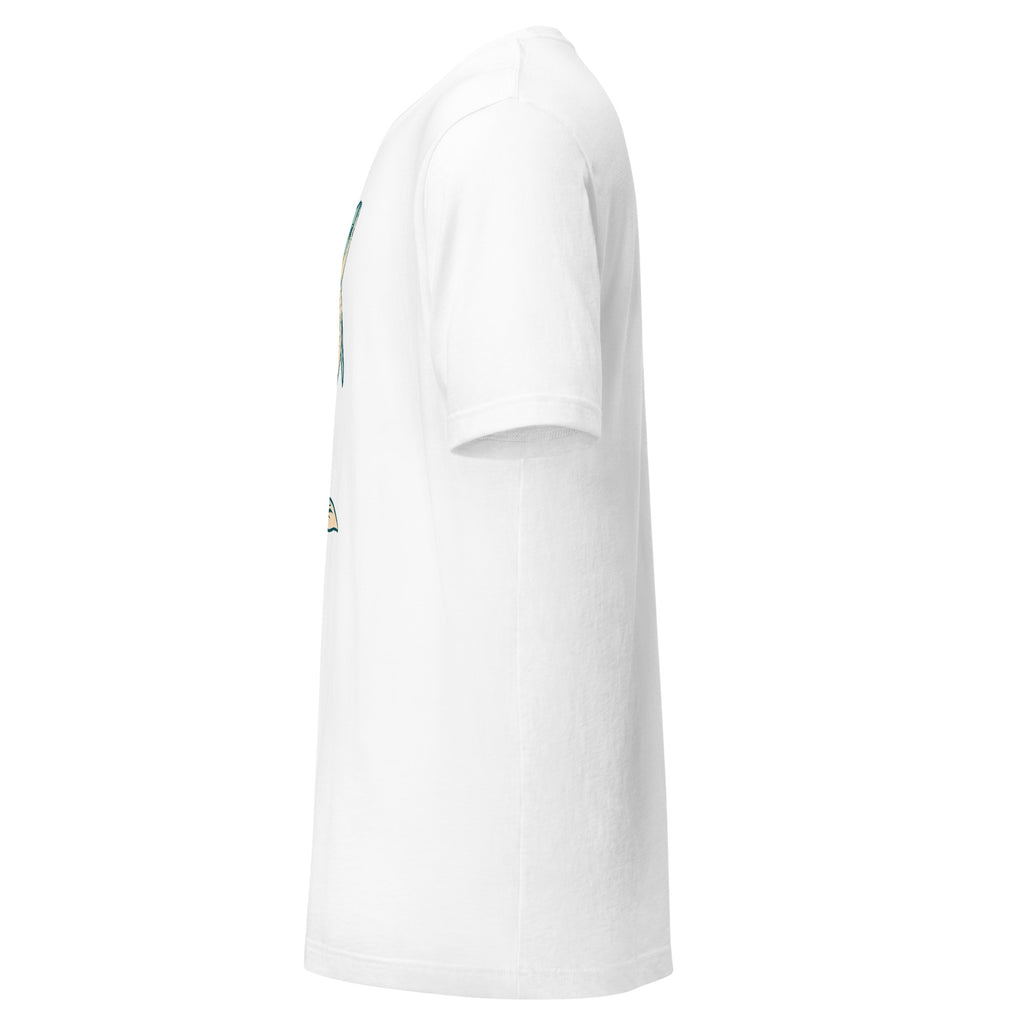 White LuckeLadybug T-Shirt side view featuring an aquatic themed shirt for men design