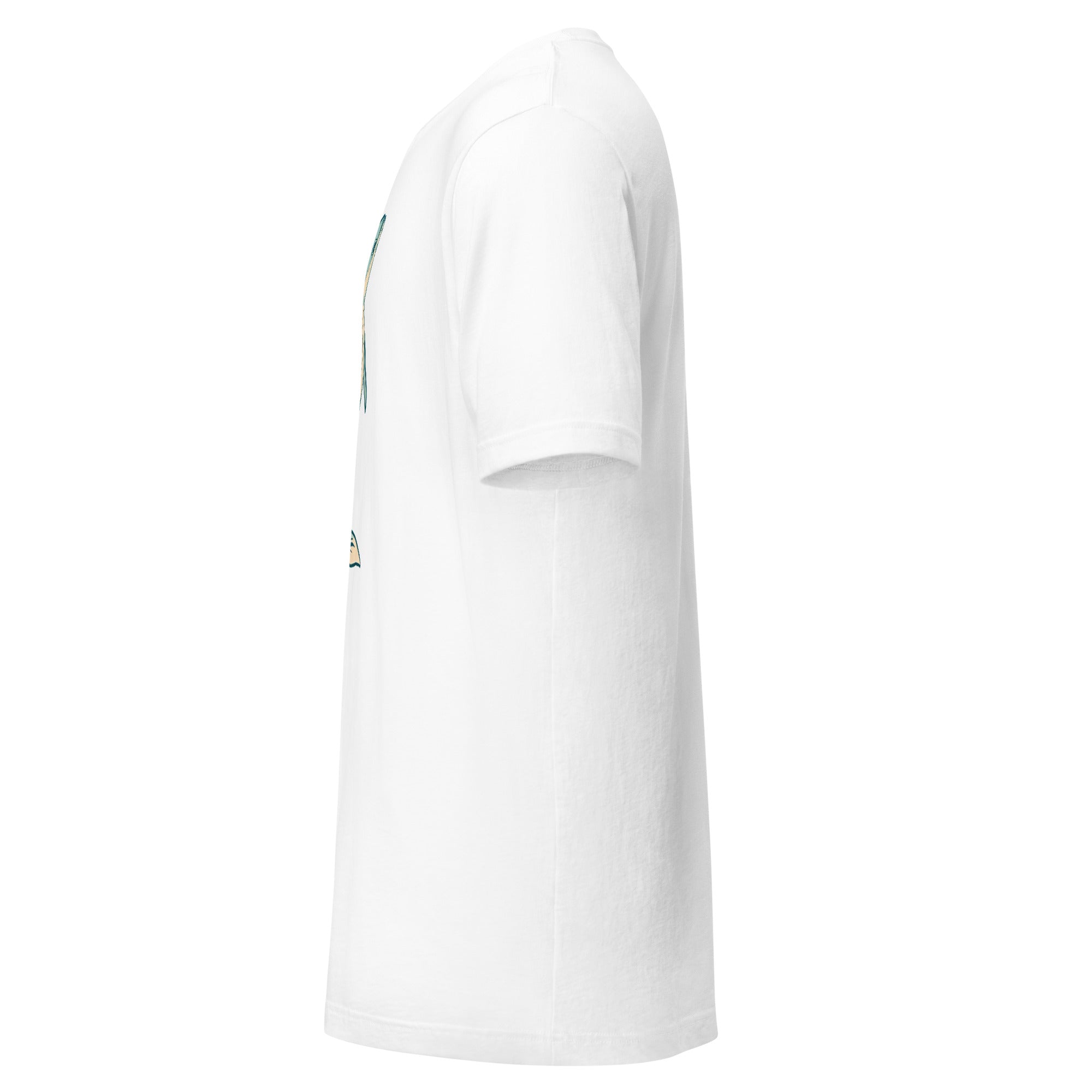 White LuckeLadybug T-Shirt side view featuring an aquatic themed shirt for men design