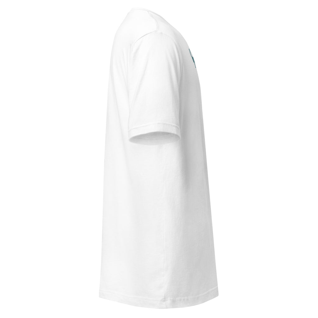 White aquatic themed shirt for men by LuckeLadybug shown from side with short sleeves