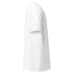 White aquatic themed shirt for men by LuckeLadybug shown from side with short sleeves