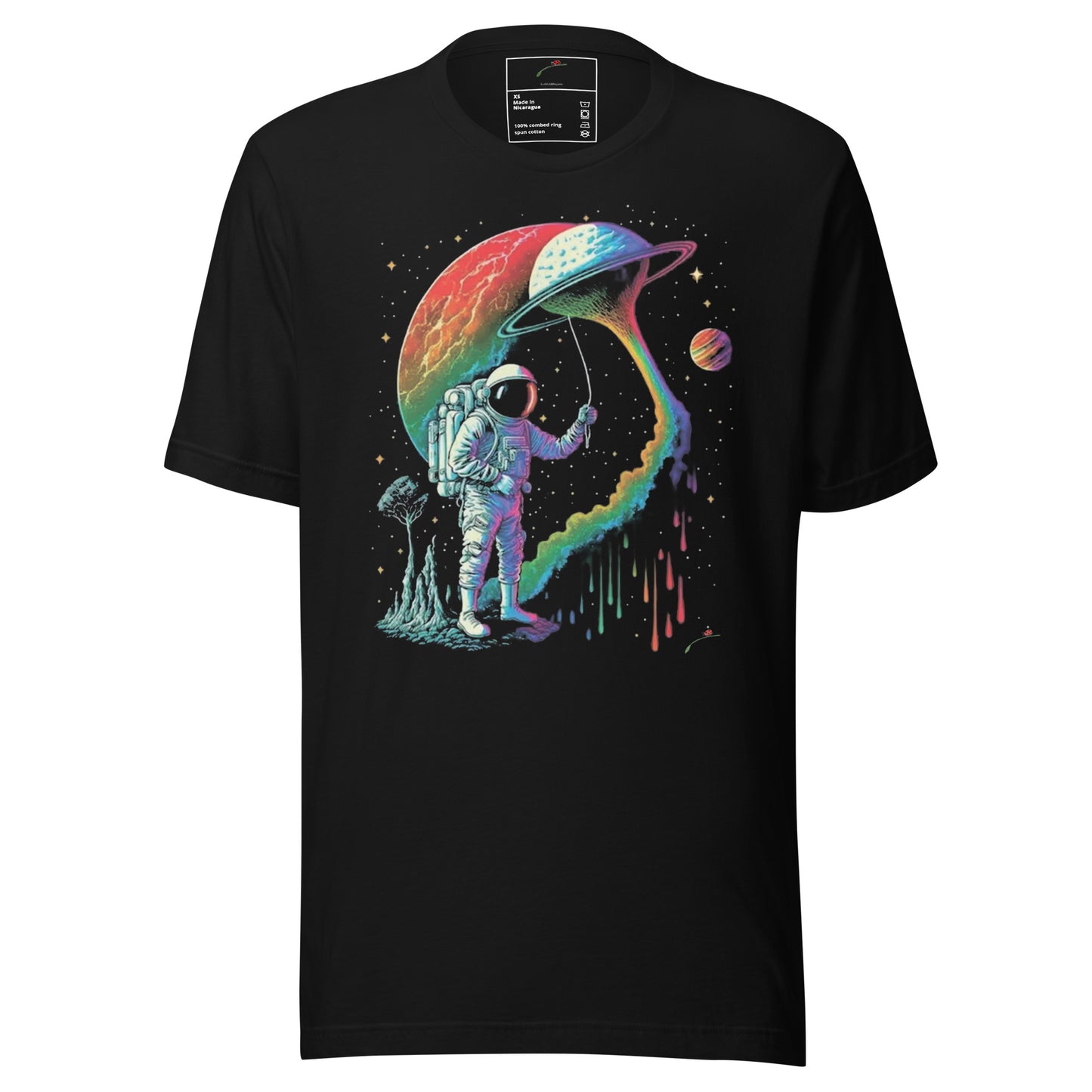 Black LuckeLadybug astronaut graphic t-shirt with colorful astronaut holding umbrella and dripping planet art