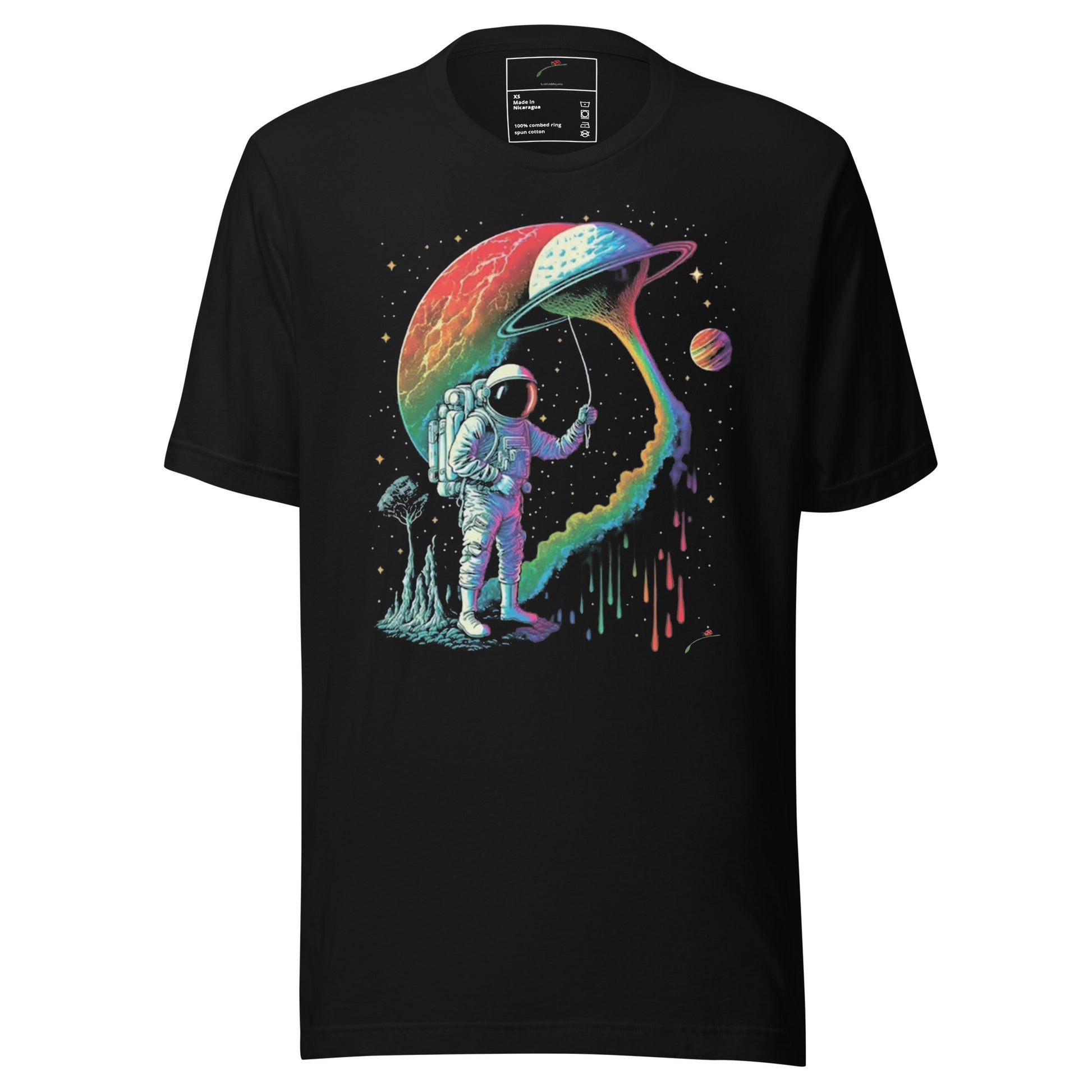Black LuckeLadybug astronaut graphic t-shirt with colorful astronaut holding umbrella and dripping planet art