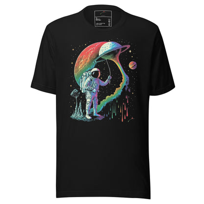 Black LuckeLadybug astronaut graphic t-shirt with colorful astronaut holding umbrella and dripping planet art