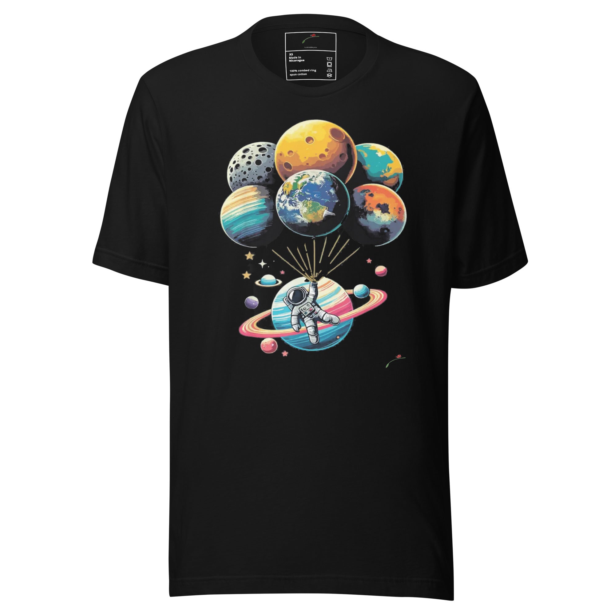 LuckeLadybug black crew neck astronaut graphic t-shirt for men featuring an astronaut with colorful planet balloons and rings