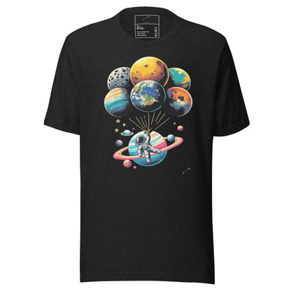 LuckeLadybug black astronaut graphic t-shirt for men with colorful planets and astronaut on ringed planet
