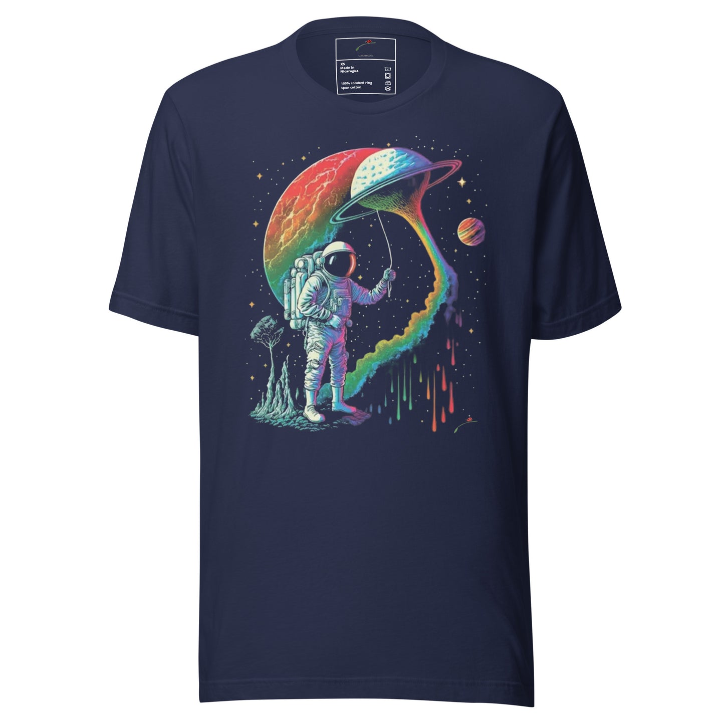 LuckeLadybug navy t shirt with colorful astronaut holding a rainbow planet umbrella on alien surface astronaut graphic t-shirt