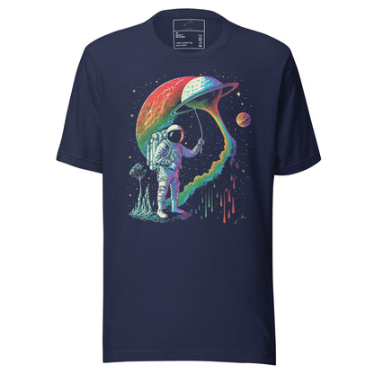 LuckeLadybug navy t shirt with colorful astronaut holding a rainbow planet umbrella on alien surface astronaut graphic t-shirt