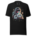 Black astronaut graphic t-shirt featuring a colorful astronaut holding a glowing Earth in space