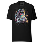 Black astronaut graphic t-shirt featuring a colorful astronaut holding a glowing Earth in space