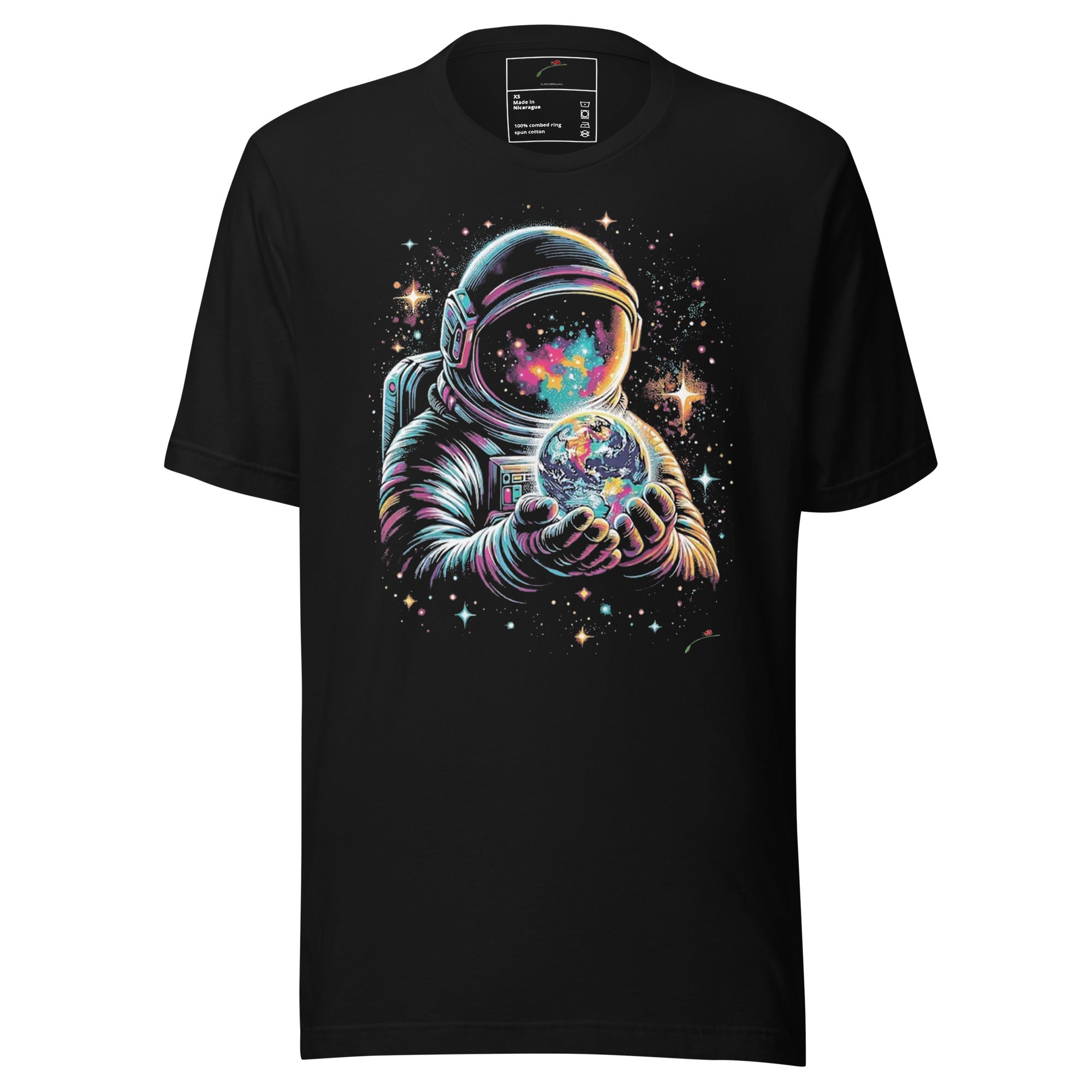 Black astronaut graphic t-shirt featuring a colorful astronaut holding a glowing Earth in space