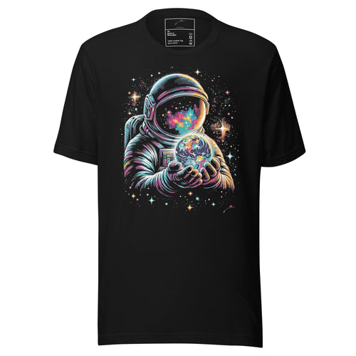 Black astronaut graphic t-shirt featuring a colorful astronaut holding a glowing Earth in space
