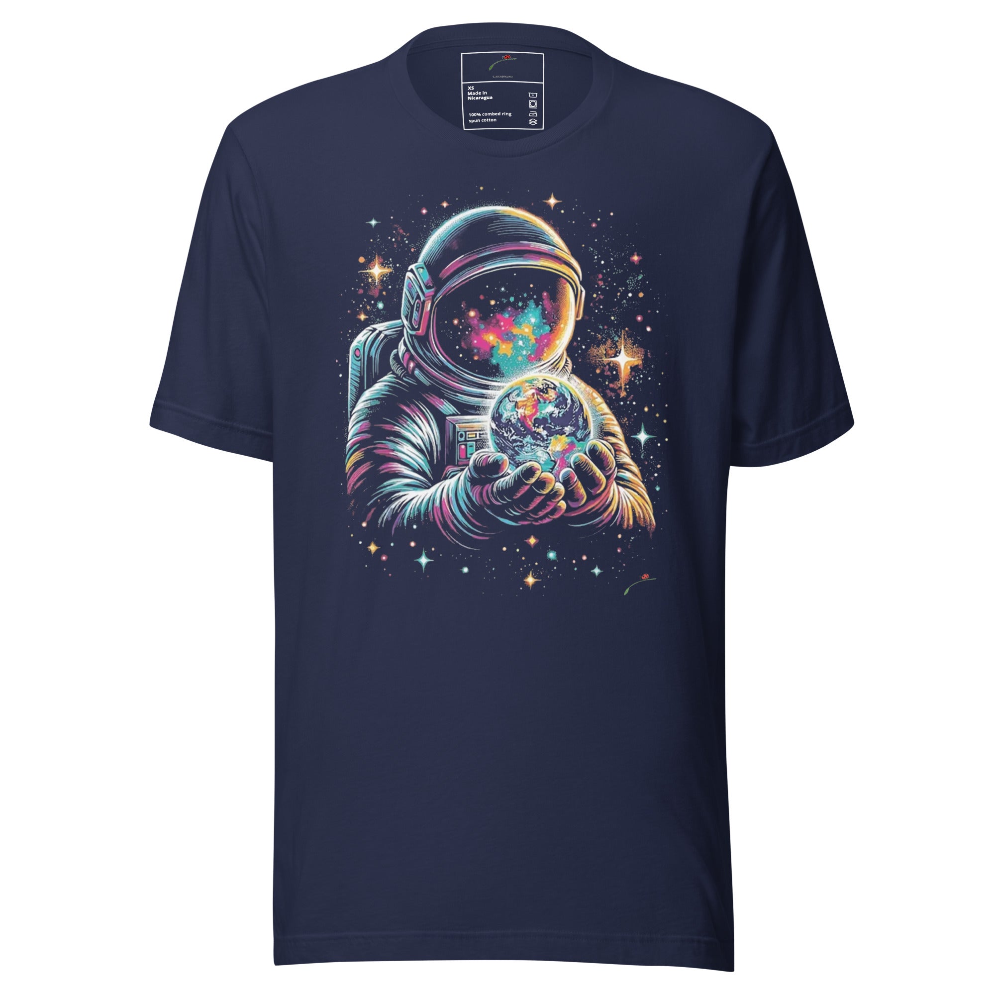 Navy LuckeLadybug astronaut graphic t-shirt featuring colorful astronaut holding glowing Earth design
