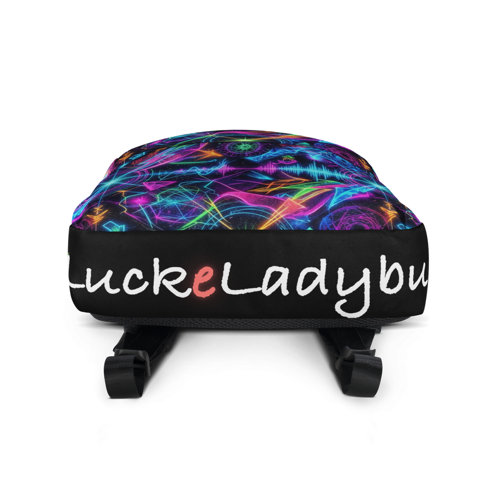 LuckeLadybug LLC colorful backpack graphic with vibrant patterns and adjustable straps