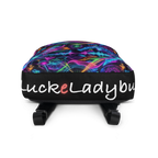 LuckeLadybug LLC colorful backpack graphic with vibrant patterns and adjustable straps