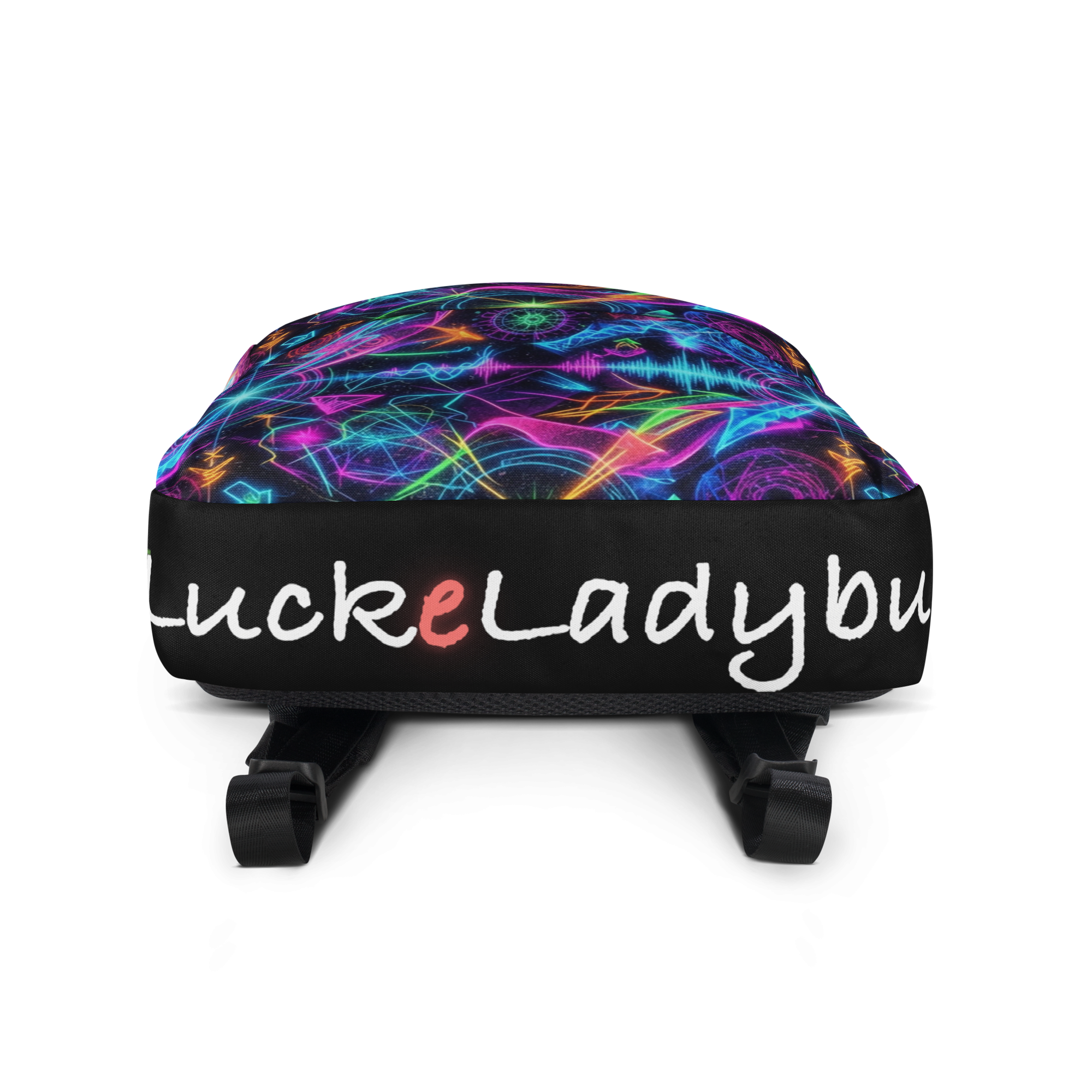 LuckeLadybug LLC colorful backpack graphic with vibrant patterns and adjustable straps