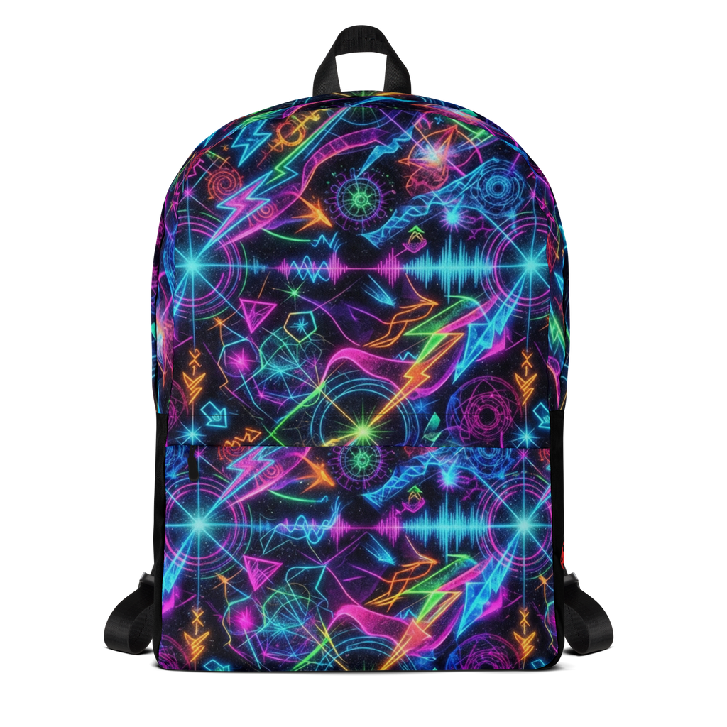 Colorful LuckeLadybug backpack graphic with neon patterns and shapes for stylish storage