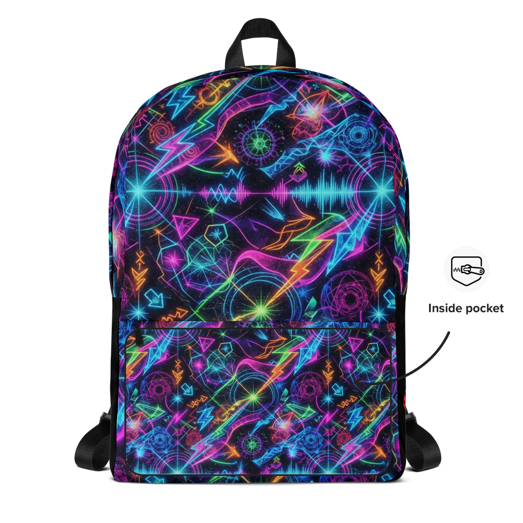 Vivid LuckeLadybug LLC backpack graphic featuring colorful neon patterns and designs