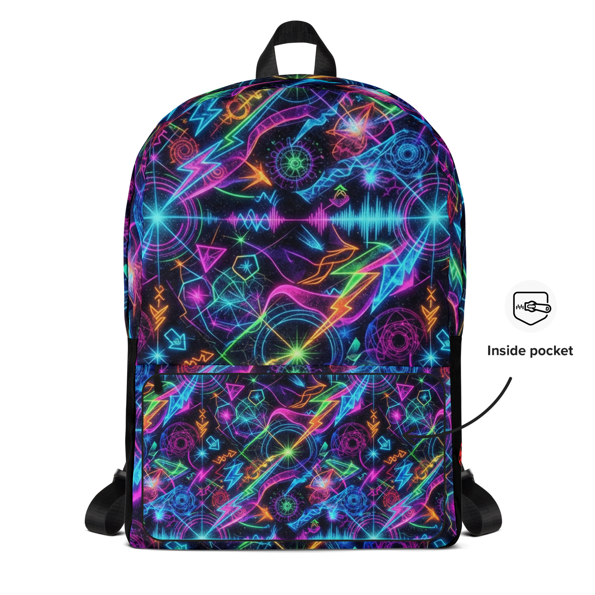 Vivid LuckeLadybug LLC backpack graphic featuring colorful neon patterns and designs