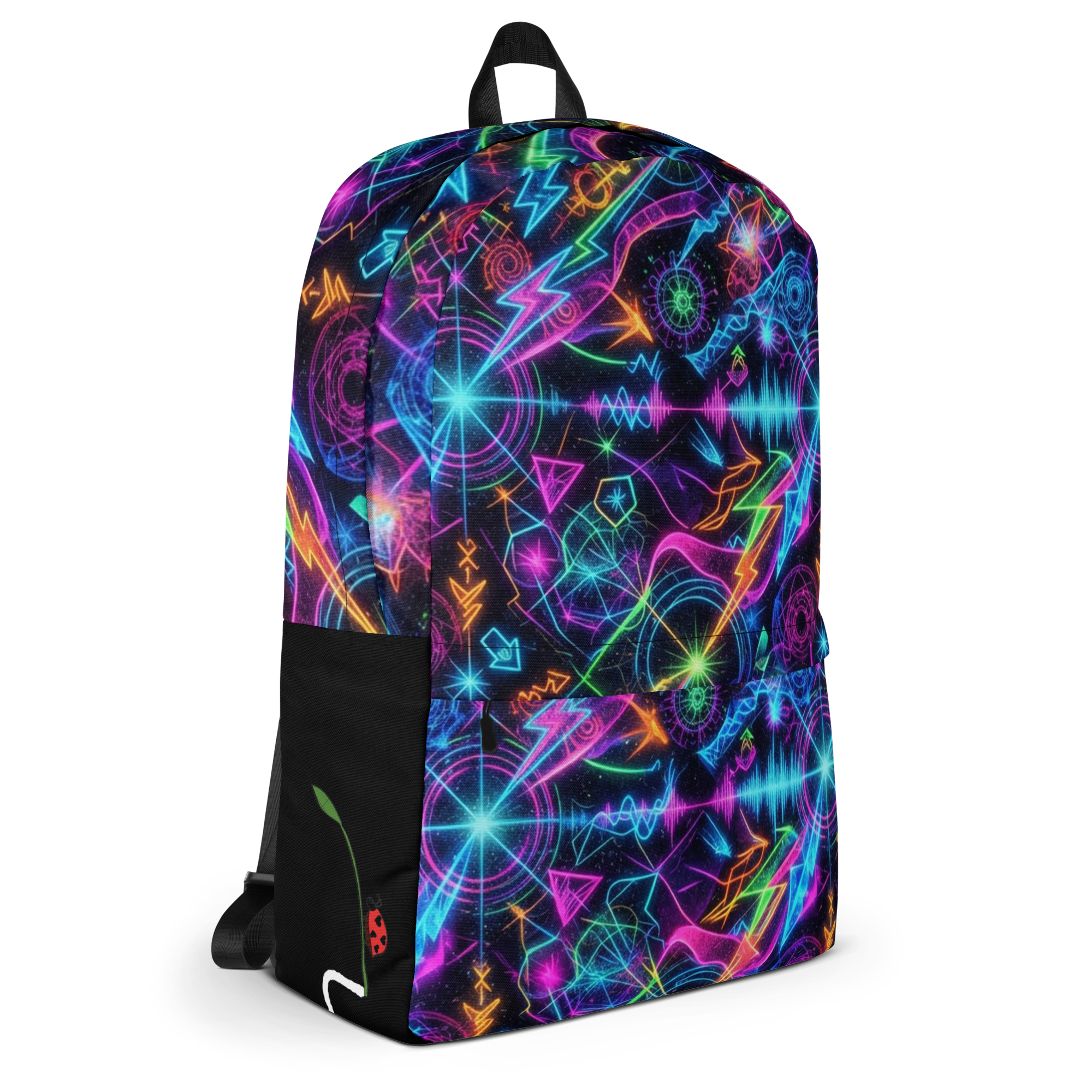 LuckeLadybug backpack graphic featuring vibrant neon designs and patterns for a stylish look