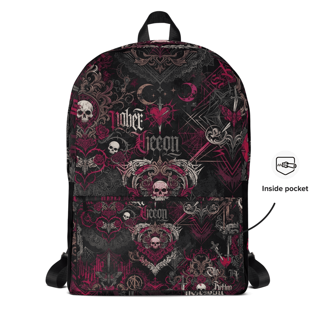 LuckeLadybug LLC Backpack Streetwear with Gothic Skull and Heart Pattern in Dark Colors