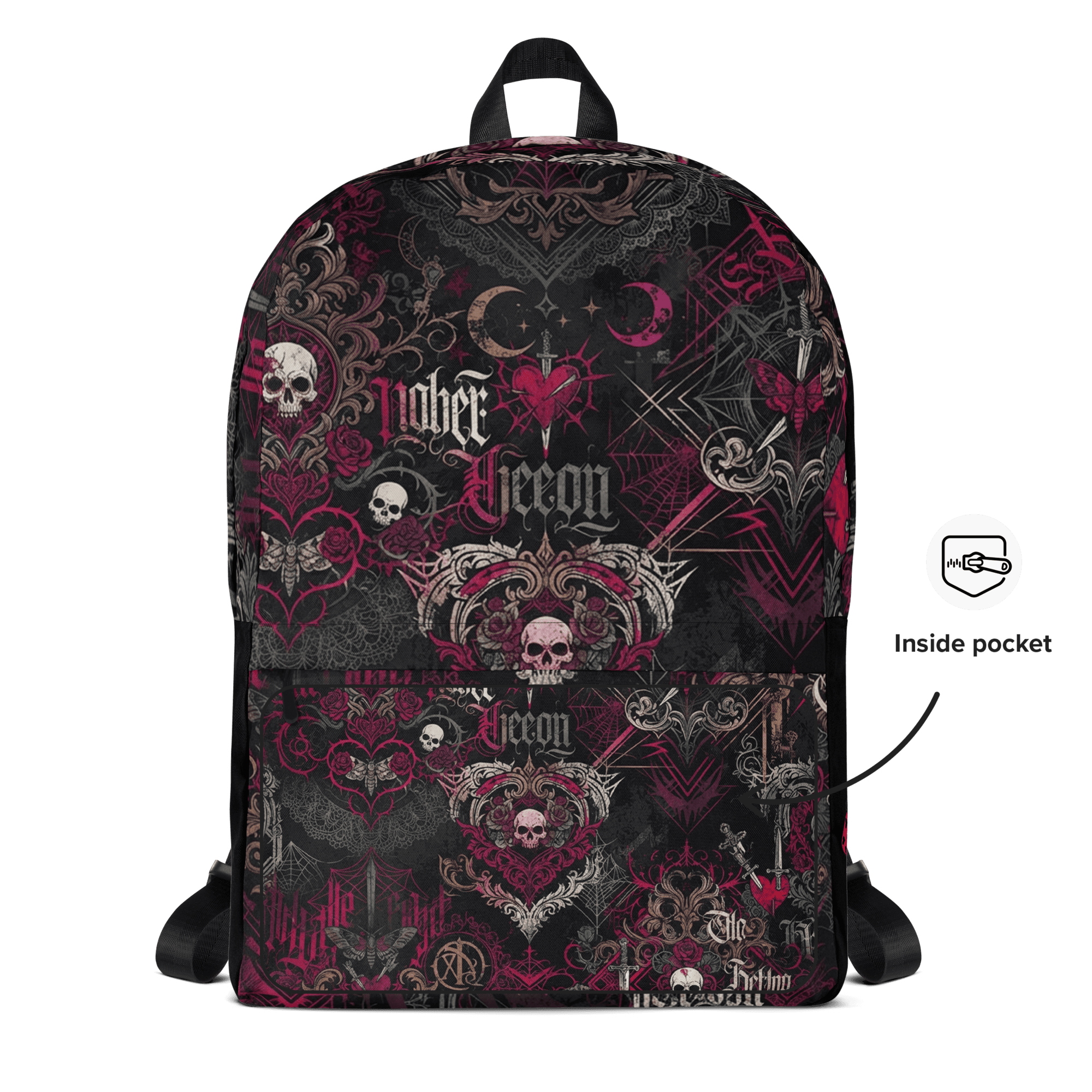 LuckeLadybug LLC Backpack Streetwear with Gothic Skull and Heart Pattern in Dark Colors