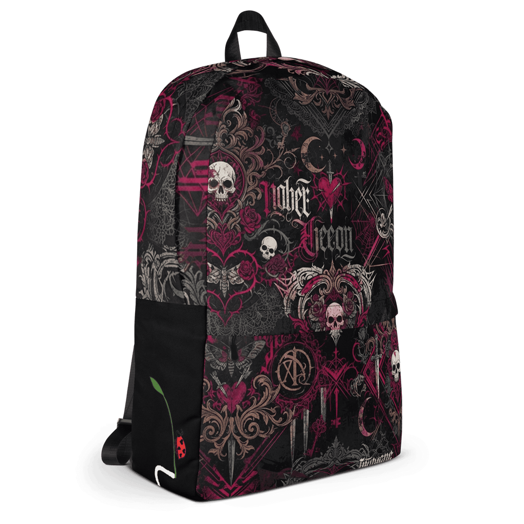 LuckeLadybug LLC stylish backpack streetwear with intricate skull and floral designs