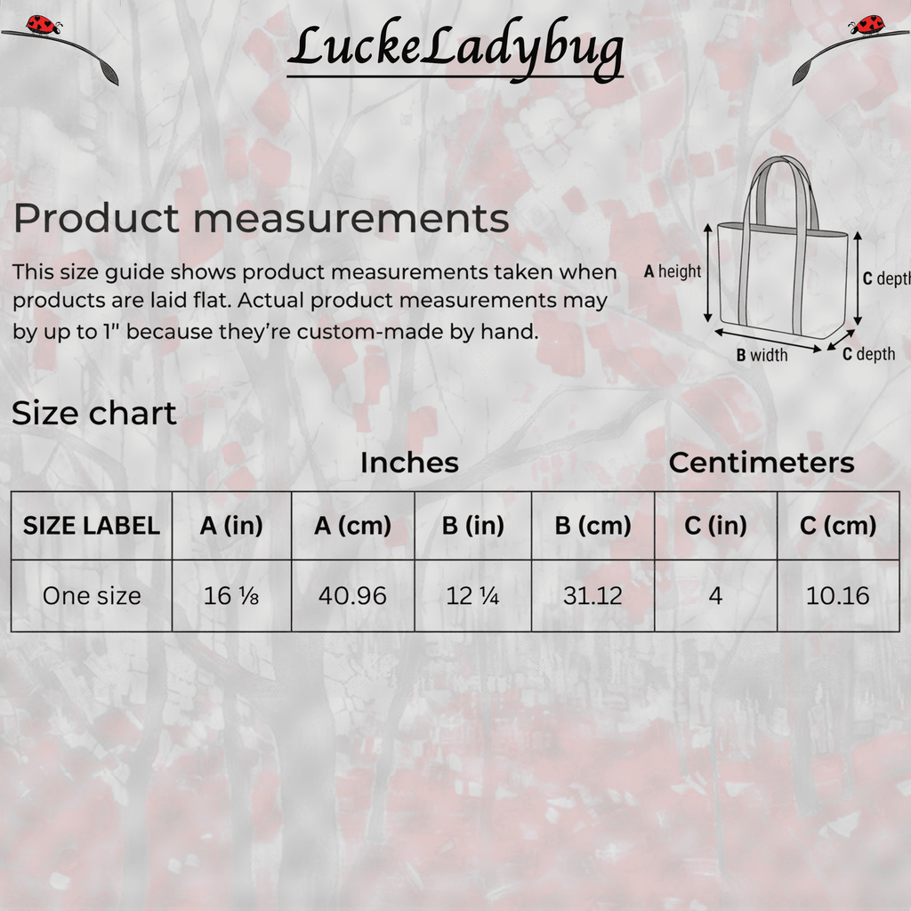 LuckeLadybug backpack streetwear with detailed size measurements and floral background design
