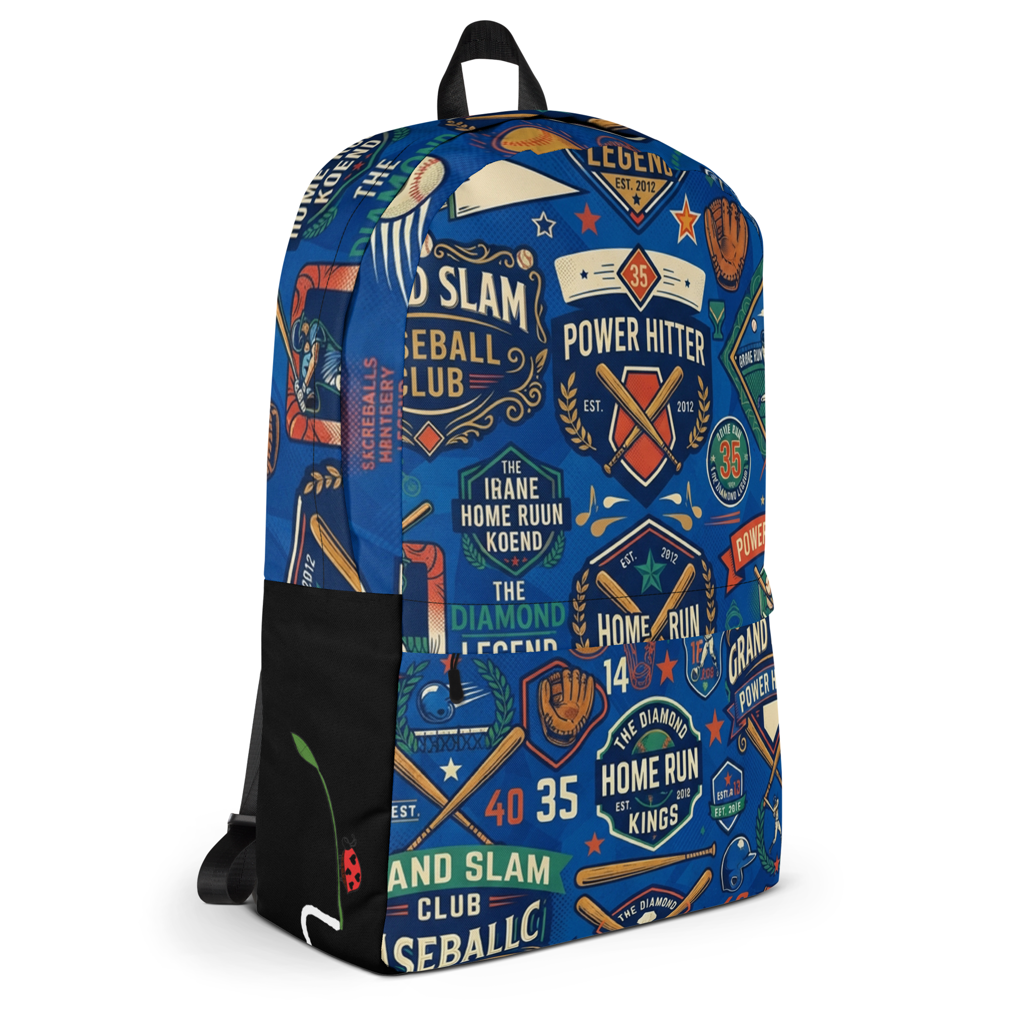 LuckeLadybug baseball bag backpack with colorful baseball-themed graphics and multiple pockets