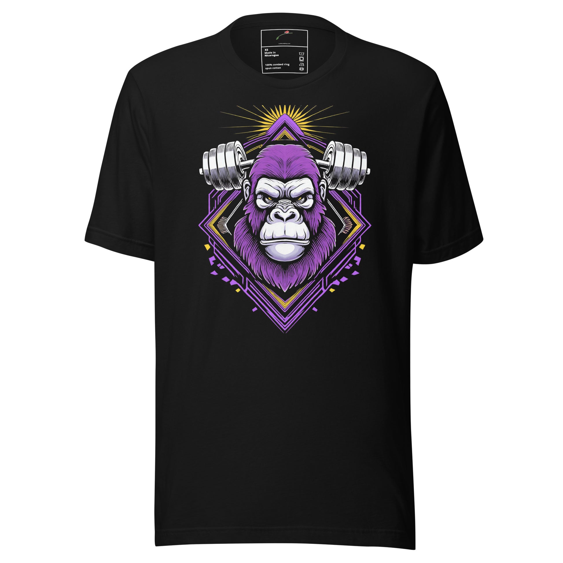 LuckeLadybug black beast mode weightlifting tee with purple gorilla lifting barbell graphic